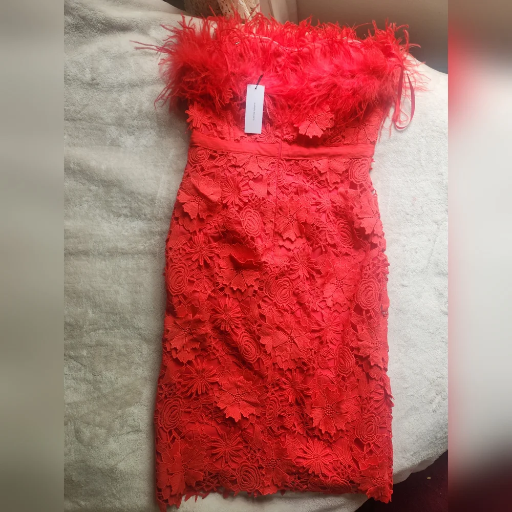 Karen Millen Lace Off The Shoulder Feather Dress Woven Midi Dress  Red sz 8 NWT